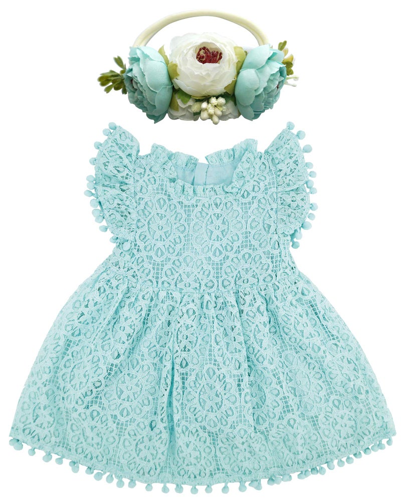BGFKS Baby Girl Tutu Dress Elegant Lace Pom Pom Flutter Sleeve with Flower Headband SetLight Blue6 Months