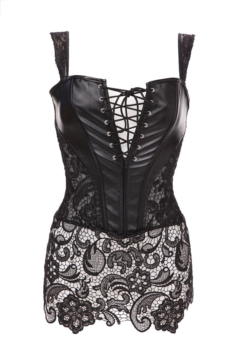 Court Imitation Leather Hollow Lace Ribbon Corset A Generation Of Hair [Black/Red/Brown 3 Colors] - Image 1