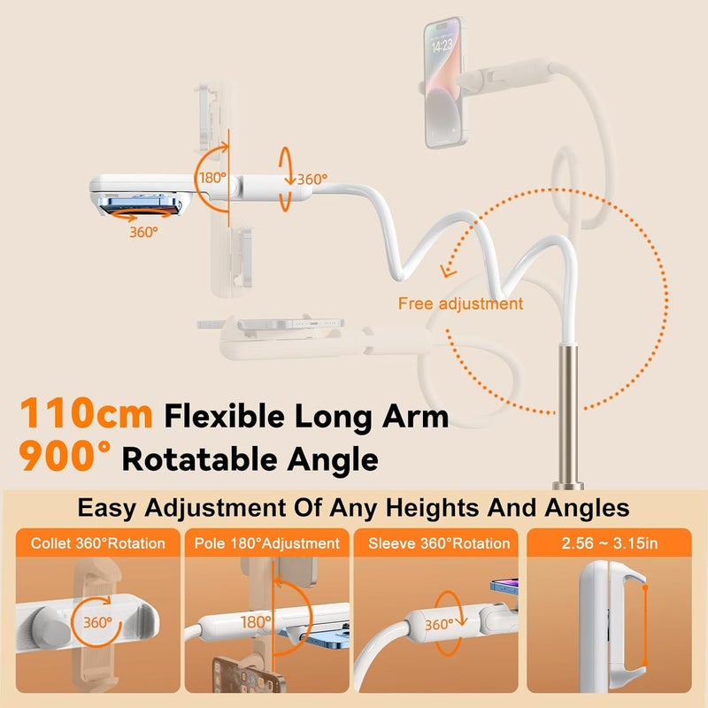 nediea Gooseneck Phone Holder For Bed, Flexible Phone Holder for Desk, Long Lazy Arm Phone Mount With 360° Rotatable Mini Clamp 2.56~3.15in Width, Compatible with 4-6.8" Devices (43.31" Length) - Image 3