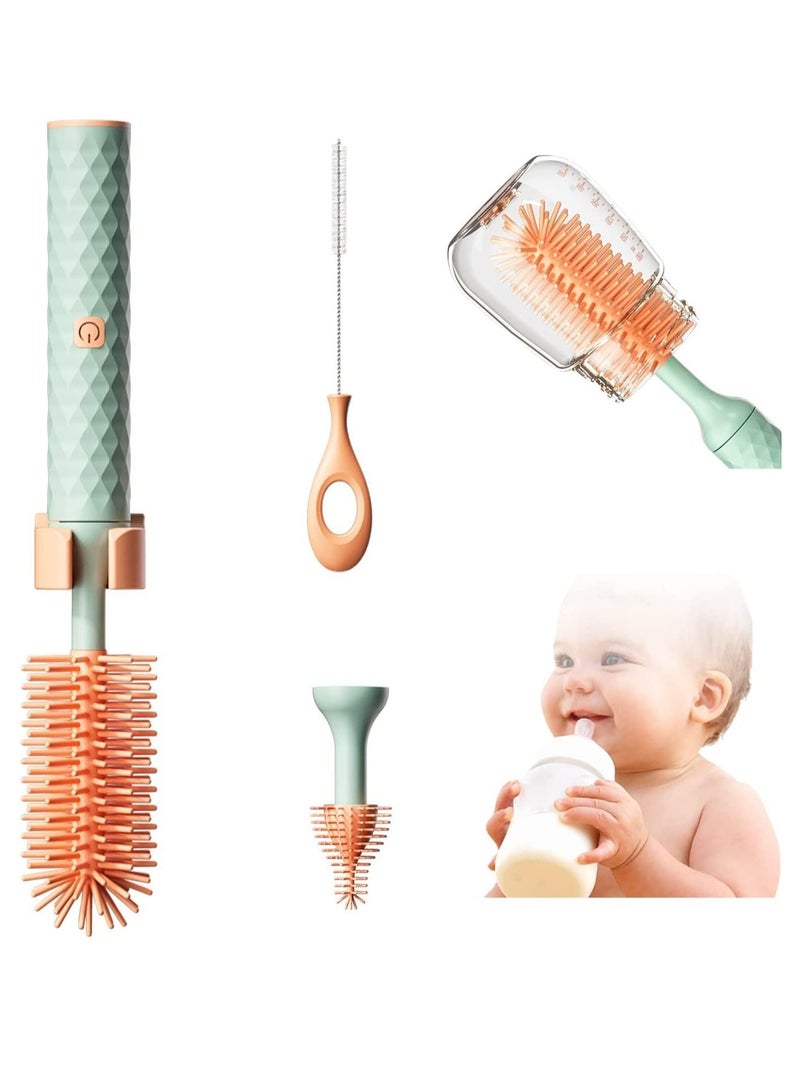 SOLARAE Electric Silicone Bottle Brush, Electric Bottle Brush Set with Baby Bottle Brush Cleaner, Nipple Brush, Straw Cleaner Brush, Travel Baby Essentials for Moms Straw Brushes Green - Image 1