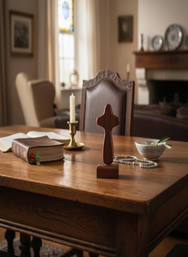 Chiorgone Wooden Standing Prayer Cross with Magnetic Base, Handheld Clinging Cross for Comfort, Christian Table Decor for Home & Office (Dark Brown) - Image 2
