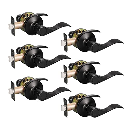 KNOBWELL 6 Pack Black Passage Door Levers Door Handle Sets Hallway Closet Door Lever Handle Without Lock Door Levers for Left/Right Handing, Matte Black Finish, Drop Lever Shape - Image 1