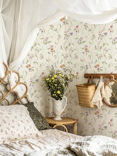 YXTII 17.3"×78.7" Vintage Floral Peel and Stick Wallpaper, Colorful Floral Wallpaper Beige Base Contact Paper Self Adhesive Removable for Nursery Bedroom Bathroom - Image 2
