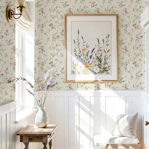 YXTII 17.3"×78.7" Vintage Floral Peel and Stick Wallpaper, Colorful Floral Wallpaper Beige Base Contact Paper Self Adhesive Removable for Nursery Bedroom Bathroom - Image 4