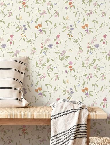 YXTII 17.3"×78.7" Vintage Floral Peel and Stick Wallpaper, Colorful Floral Wallpaper Beige Base Contact Paper Self Adhesive Removable for Nursery Bedroom Bathroom - Image 1