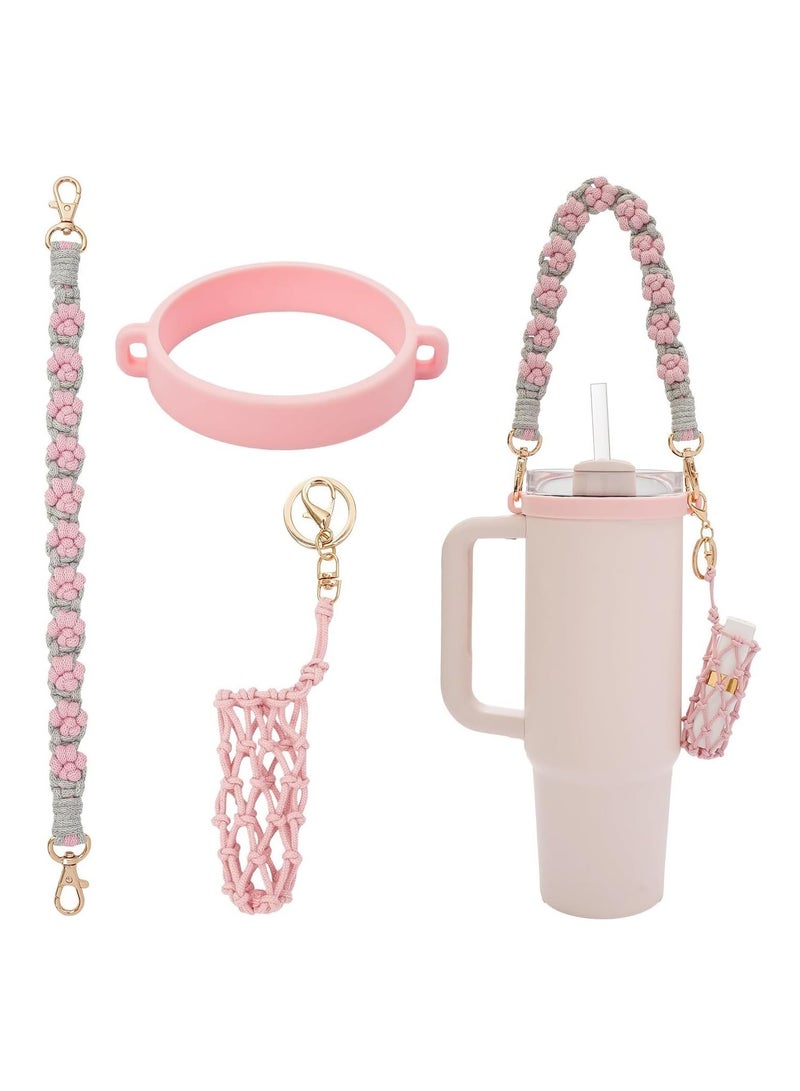 Generic Stanley Cup 16oz - 40oz Glass Cup Accessories - Braided Daisy Water Bottle Handle Strap, Food Grade Silicone Ring Portable Water Bottle Cup Strap for Girls and Women (Gray And Powder Three-Piece Set) - Image 1