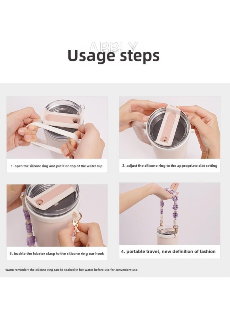 Generic Stanley Cup 16oz - 40oz Glass Cup Accessories - Braided Daisy Water Bottle Handle Strap, Food Grade Silicone Ring Portable Water Bottle Cup Strap for Girls and Women (Gray And Powder Three-Piece Set) - Image 5