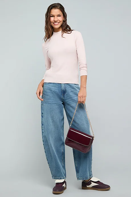 أر أند بي Ribbed Top With High Neck and Long Sleeves