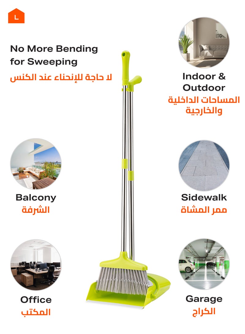 LAWAZIM Dustpan and Broom Set - Green -  Easy-Storage Broom Set with Durable Self-Cleaning Dustpan and Adjustable Handle for Multi-Surface Sweeping - Ideal for Home, Office, Indoor and Outdoor Use - Image 4