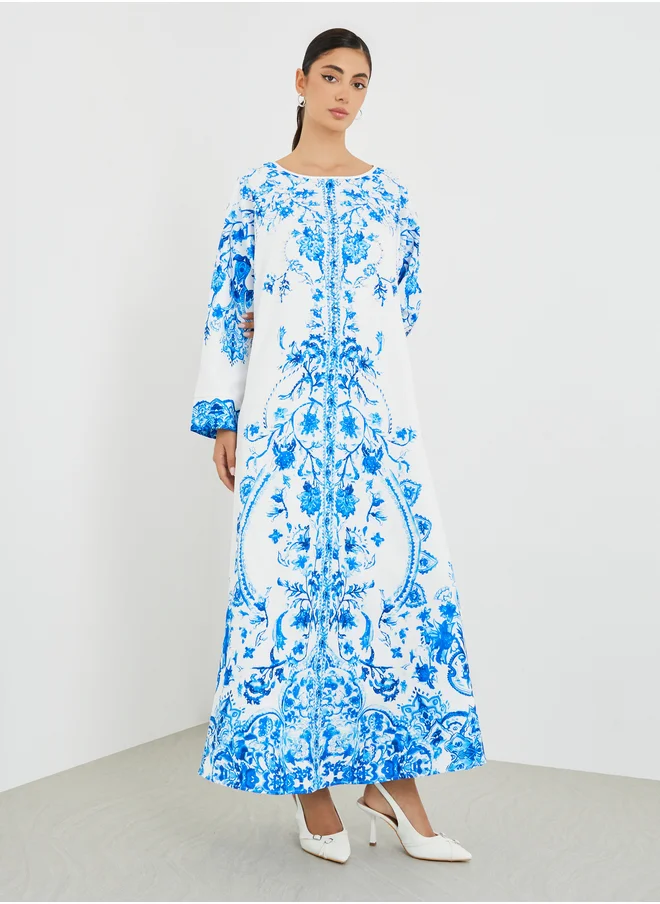 أميرة Amirah Placement Print V-Neck A-Line Jalabiya