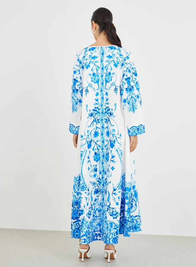 Amirah Amirah Placement Print V-Neck A-Line Jalabiya