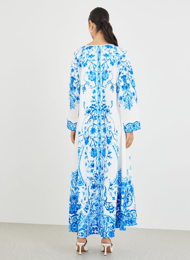 Amirah Placement Print V-Neck A-Line Jalabiya - Image 5