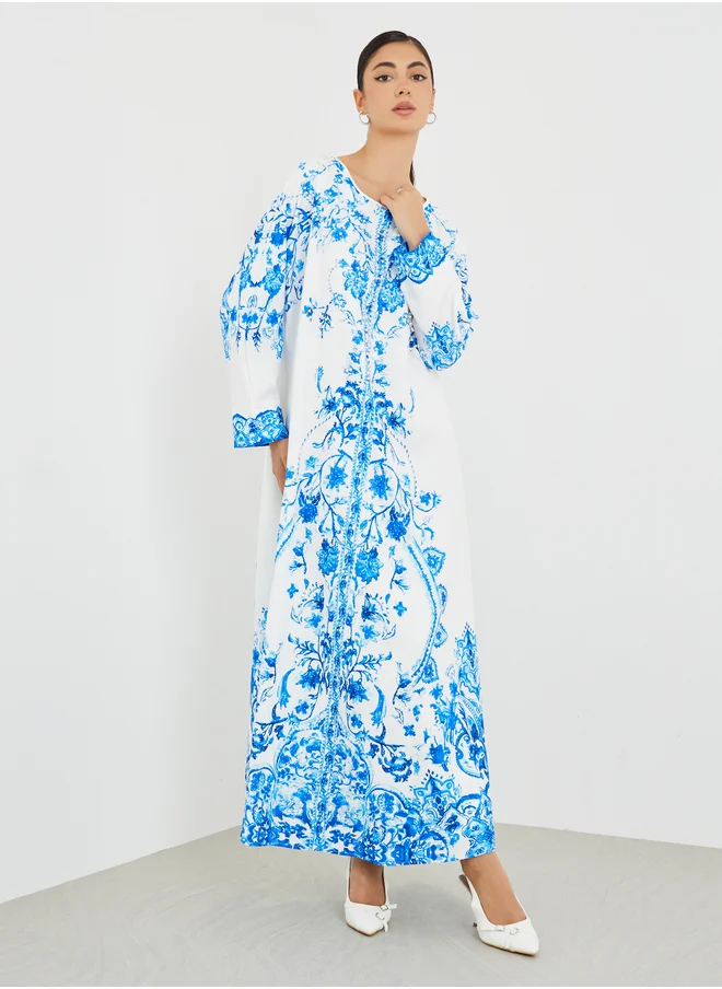 أميرة Amirah Placement Print V-Neck A-Line Jalabiya