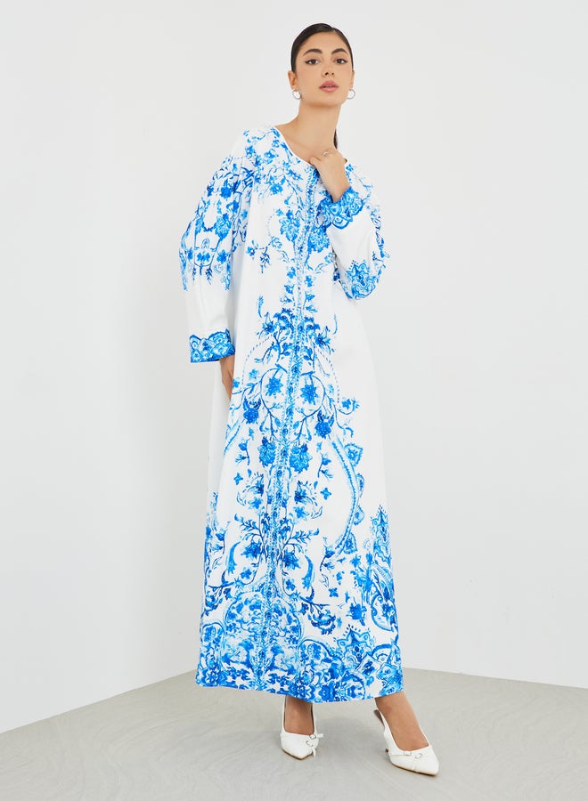 Amirah Placement Print V-Neck A-Line Jalabiya - Image 1