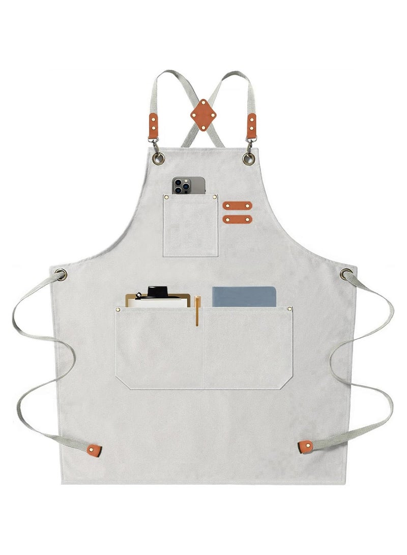 Waterproof Cotton Canvas Chef Apron with Adjustable Straps, Large Pockets, for Kitchen Cooking Baking Hairstylist Woodworking Welding Carpenter Work Bib Painting Gardening, for Men and Women- White - Image 1