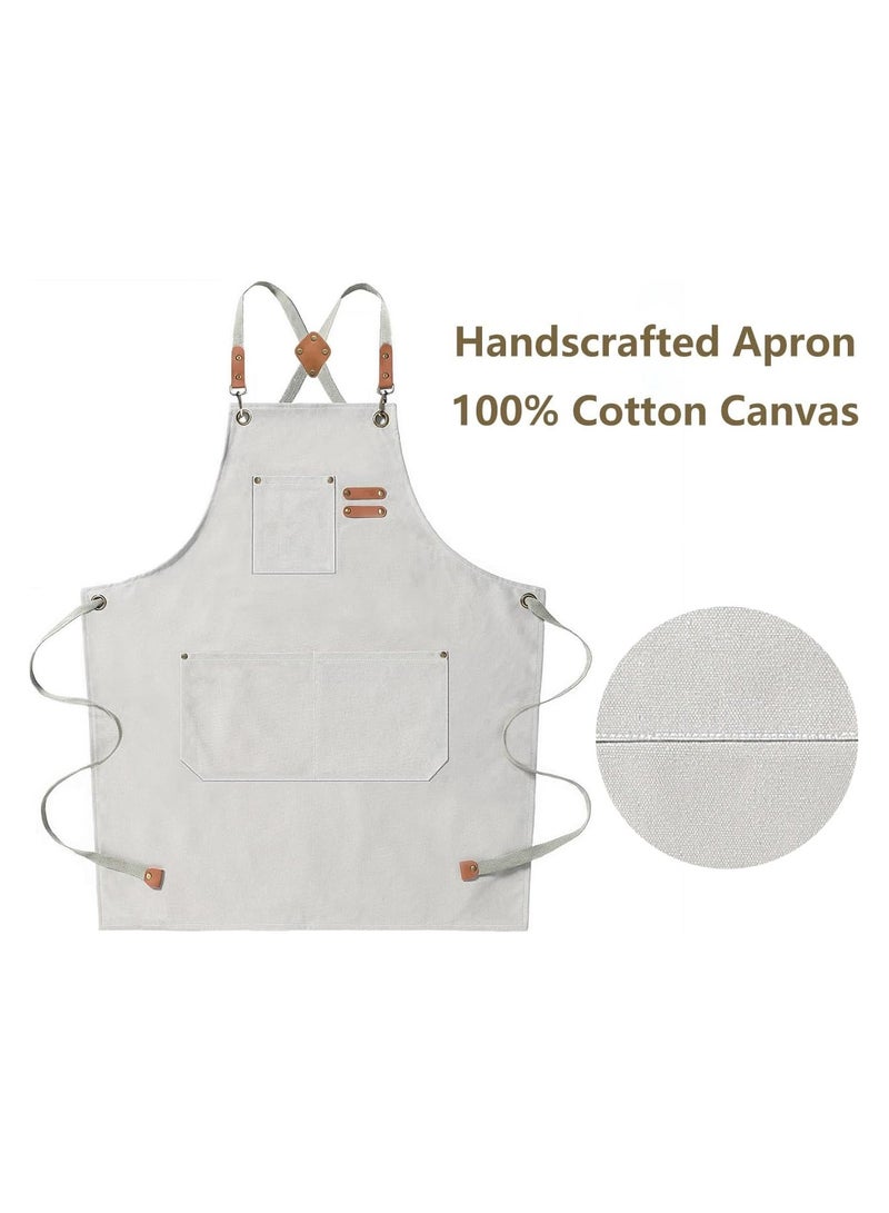 Waterproof Cotton Canvas Chef Apron with Adjustable Straps, Large Pockets, for Kitchen Cooking Baking Hairstylist Woodworking Welding Carpenter Work Bib Painting Gardening, for Men and Women- White - Image 3