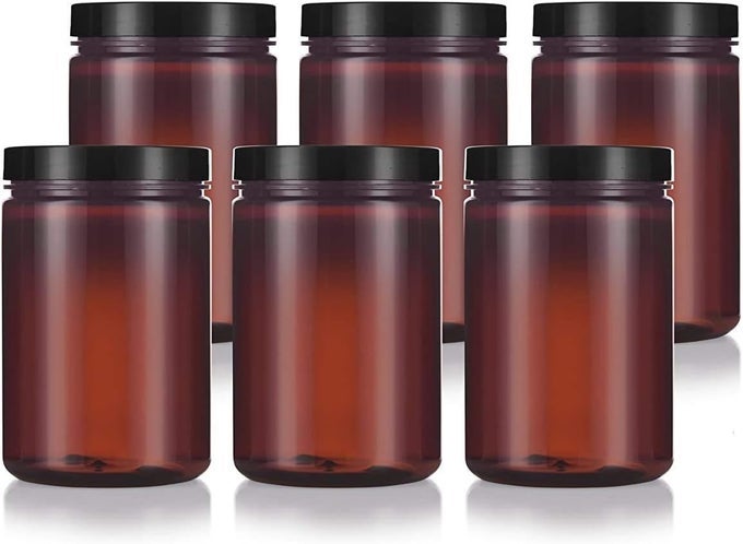 25 OZ LARGE AMBER PET PLASTIC (BPA FREE) REFILLABLE EMPTY JAR (6 PACK, BLACK SMOOTH FOAM LINED LID)