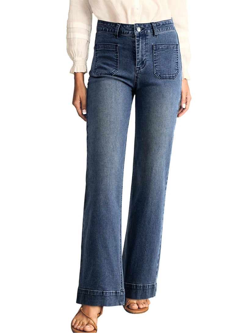 Astylish Jeans for Women Trendy Wide Leg High Waisted Stretchy Straight Leg Jeans Loose Denim Pants with Pocket Size 12 Blue - Image 1
