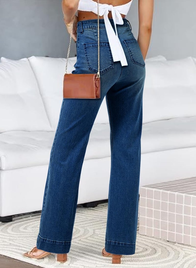 Astylish Jeans for Women Trendy Wide Leg High Waisted Stretchy Straight Leg Jeans Loose Denim Pants with Pocket Size 12 Blue - Image 2