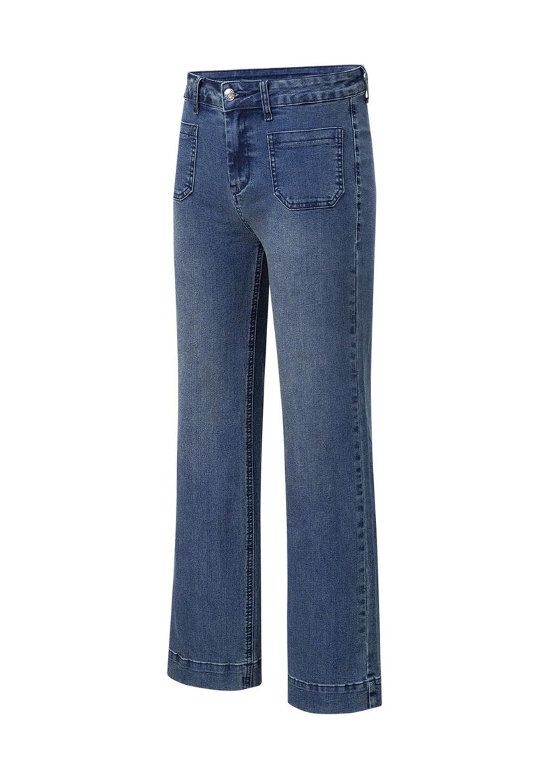 Astylish Jeans for Women Trendy Wide Leg High Waisted Stretchy Straight Leg Jeans Loose Denim Pants with Pocket Size 12 Blue - Image 4