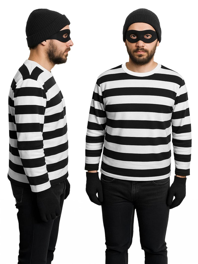 QZYL Robber Costume Set, L Unisex Thief Cosplay T Shirt Beanie Cap Gloves Eye Masks Money Bags for Halloween - Image 5