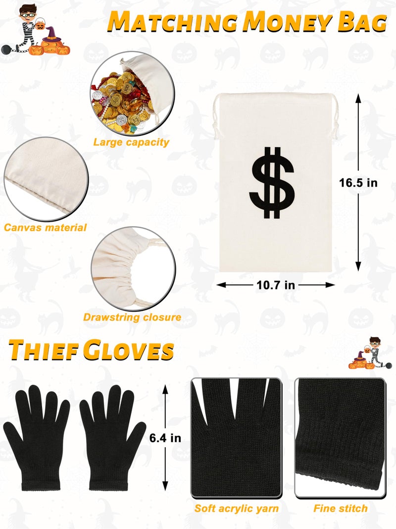 QZYL Robber Costume Set, L Unisex Thief Cosplay T Shirt Beanie Cap Gloves Eye Masks Money Bags for Halloween - Image 3