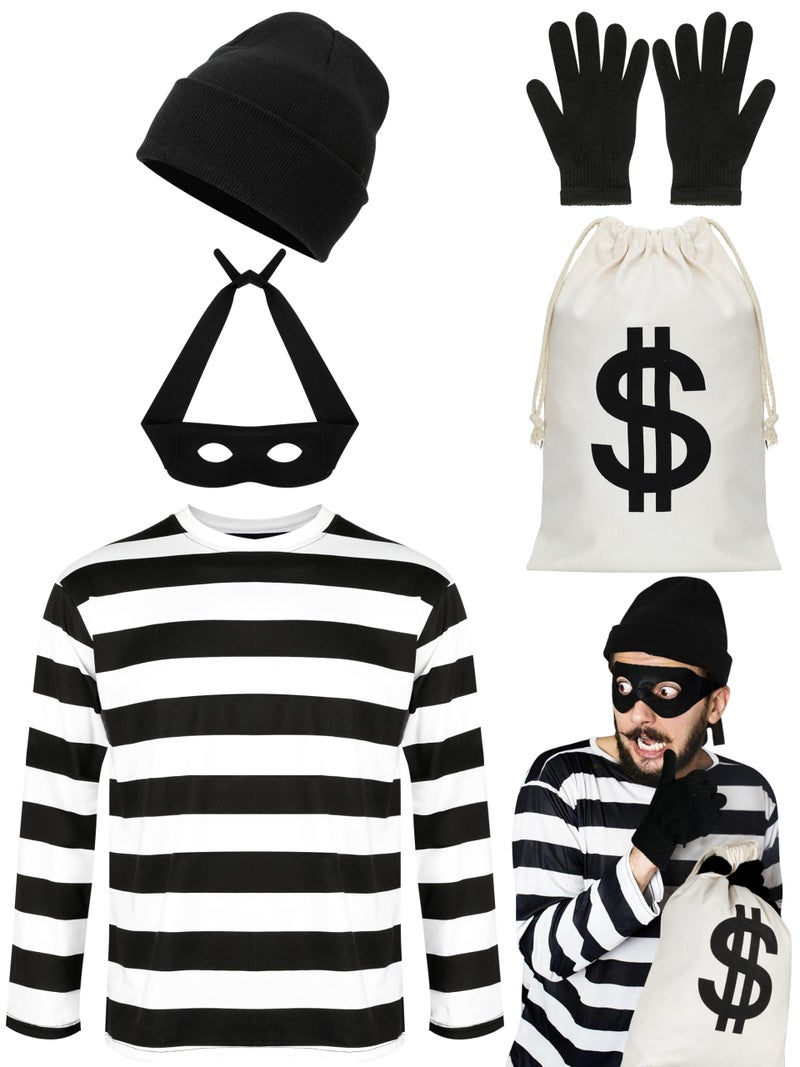 QZYL Robber Costume Set, L Unisex Thief Cosplay T Shirt Beanie Cap Gloves Eye Masks Money Bags for Halloween - Image 1