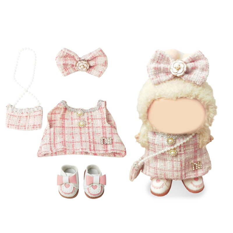 NEOVISTA Clothes Compatible with LABUBU Doll 4PCS Pink Tweed Charm Set 17cm Doll Clothes Designer Outfit for Romantic Pastel Theme Chic Stylish Accessories for Labubu No Doll Peachy Tweed Daydream - Image 2