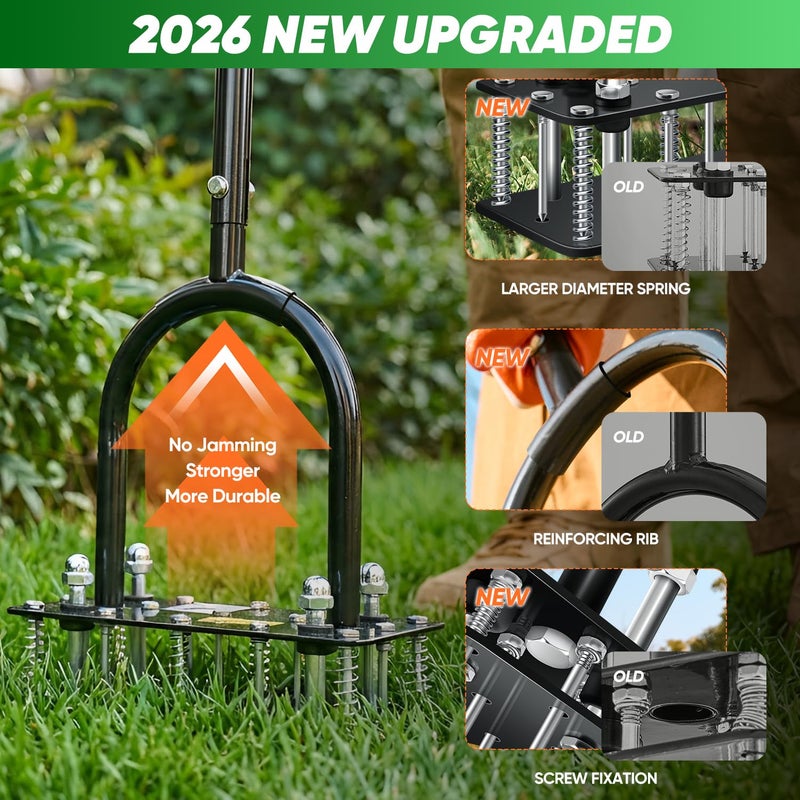 Saker Manual Lawn Aerator Tool with 15 Iron Spikes Adjustable Height, Double-Layer Spring, Heavy-Duty Iron Lawn Aerator Tool with Gloves for Loosening Soil Aerating Patio, Yard, Garden Black - Image 2