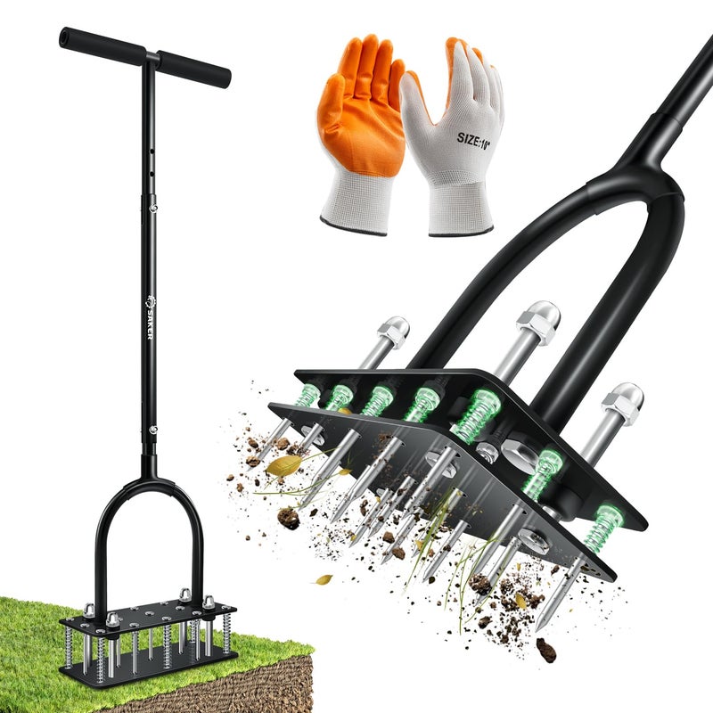 Saker Manual Lawn Aerator Tool with 15 Iron Spikes Adjustable Height, Double-Layer Spring, Heavy-Duty Iron Lawn Aerator Tool with Gloves for Loosening Soil Aerating Patio, Yard, Garden Black - Image 1