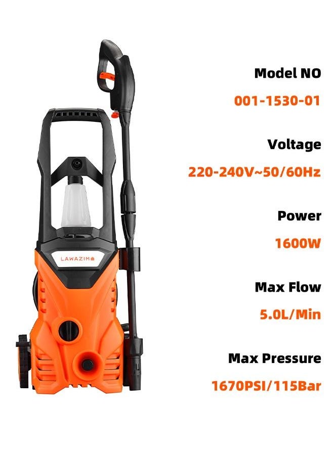 High Pressure Washer with Adjustable Nozzle 1600 W - 1670 PSI/ 115 bar