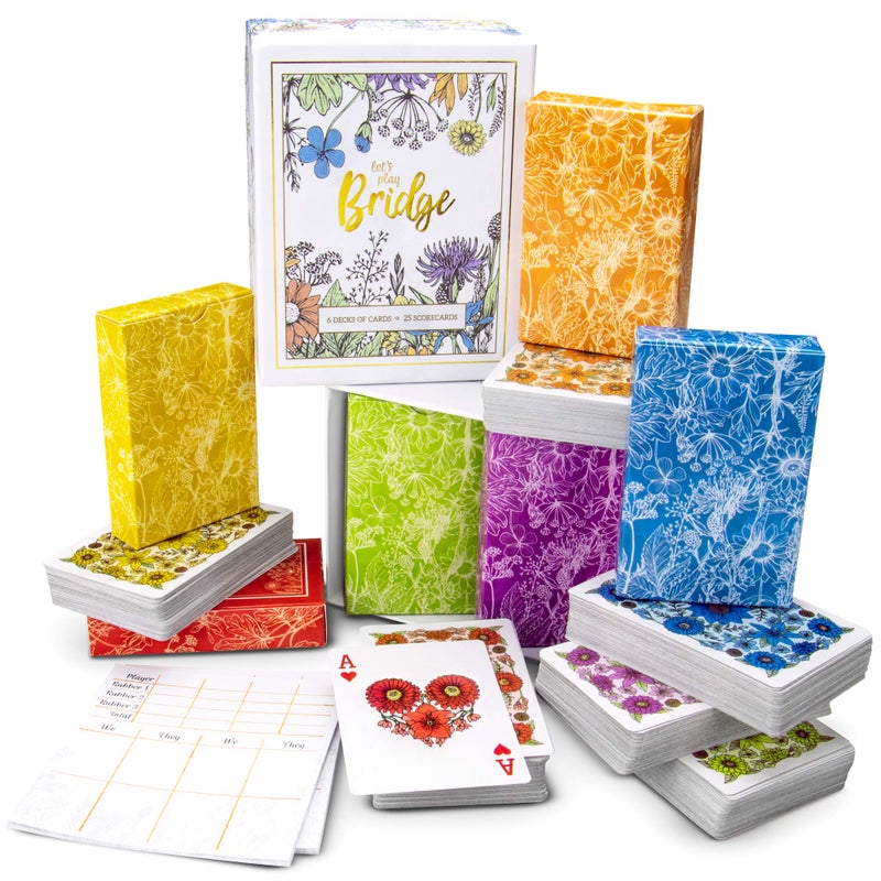 Brybelly Let's Play Bridge | 6 Decks of Colorful, Watercolor Inspired Floral Playing Cards | Special Low-Vision 4-Color Index! | Classic Family Game Includes 25 Scorecards - Image 1