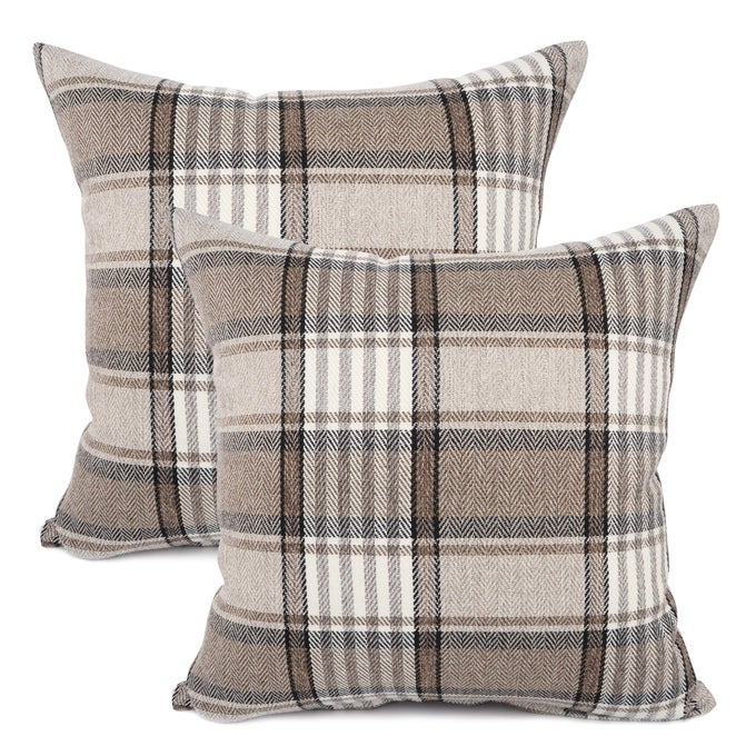 RETRO FARMHOUSE OUTDOOR BUFFALO TARTAN CHEQUER PLAID COTTON LINEN DECORATIVE THROW PILLOW CASE CUSHION COVER PILLOWCASE FOR SOFA 18 X 18 INCH SET OF 2 KHAKISTRIPE