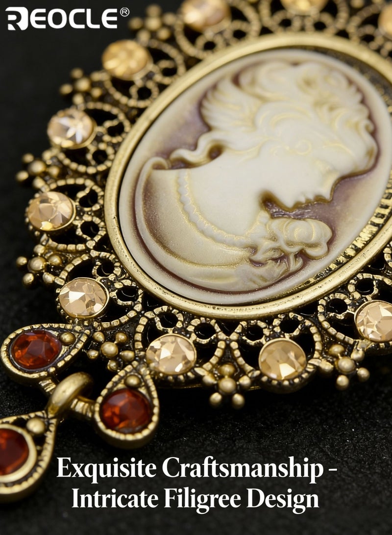 REOCLE Women's Brooch Ornate Lace-Frame Cameo Pin Sculpted Portrait & Pendant Accent Design for Timeless Retro Outfit Styling - Image 4