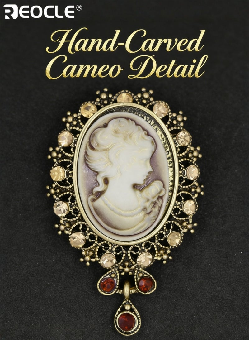 REOCLE Women's Brooch Ornate Lace-Frame Cameo Pin Sculpted Portrait & Pendant Accent Design for Timeless Retro Outfit Styling - Image 2