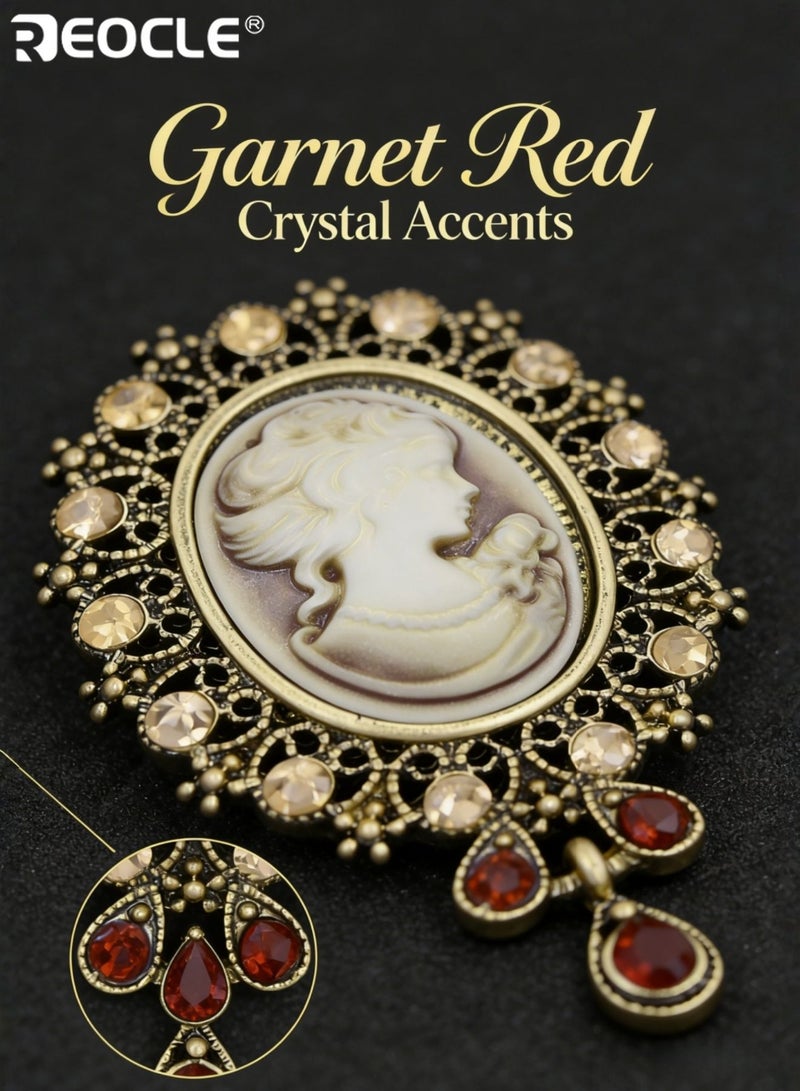 REOCLE Women's Brooch Ornate Lace-Frame Cameo Pin Sculpted Portrait & Pendant Accent Design for Timeless Retro Outfit Styling - Image 3