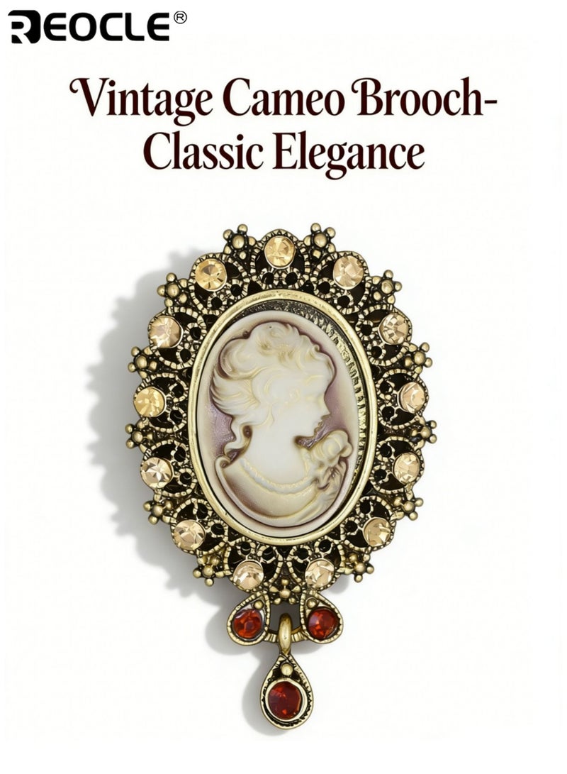 REOCLE Women's Brooch Ornate Lace-Frame Cameo Pin Sculpted Portrait & Pendant Accent Design for Timeless Retro Outfit Styling - Image 1