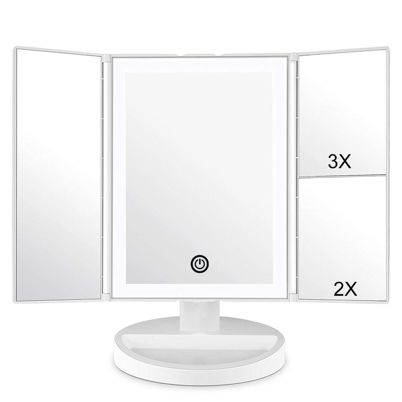 WEILY Makeup Vanity Mirror with LED Lighting and Touch Screen TriFold 1x 2x 3x Magnification180 Adjustable RotationBattery and USB PoweredCountertop Cosmetic Mirror White