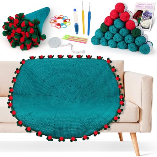 Aeelike Crochet Blanket Kit Flower Bouquet Blanket Crochet Kit for Beginners Adults Roll Up Blankets Crochet Kit with Enough Yarn Detailed Instruction Easy DIY Kit for Women Home Decor Rose - Image 1