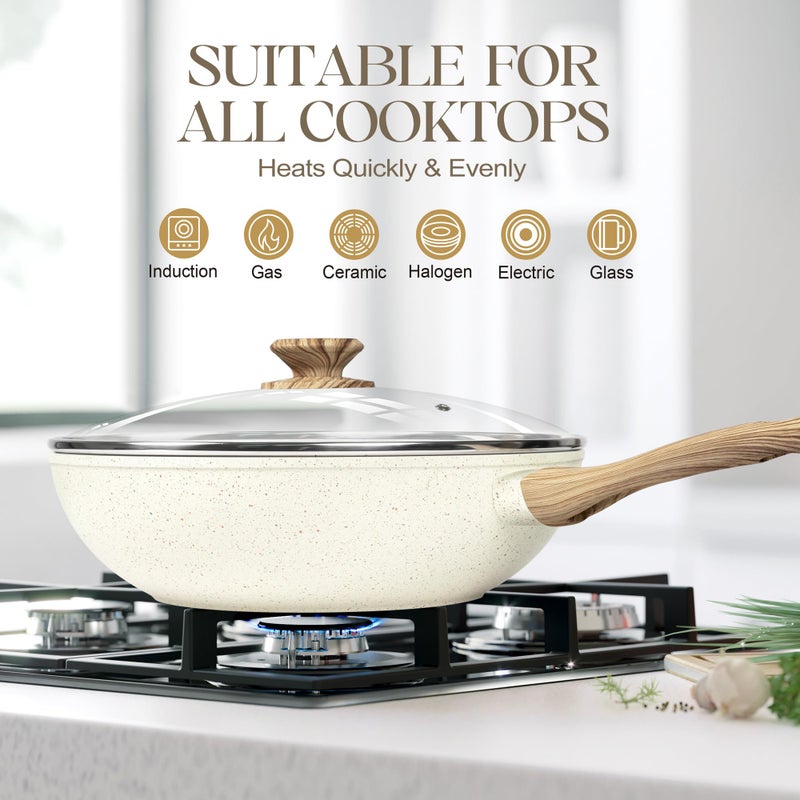 MICHELANGELO 12 Inch Wok Pan with Lid - Woks & Stir-Fry Pans Nonstick Wok with Lid, Stir Fry Pan with Cool-Touch Handle, Induction Wok Set with Stainless Steamer & Fryer Basket - Image 3
