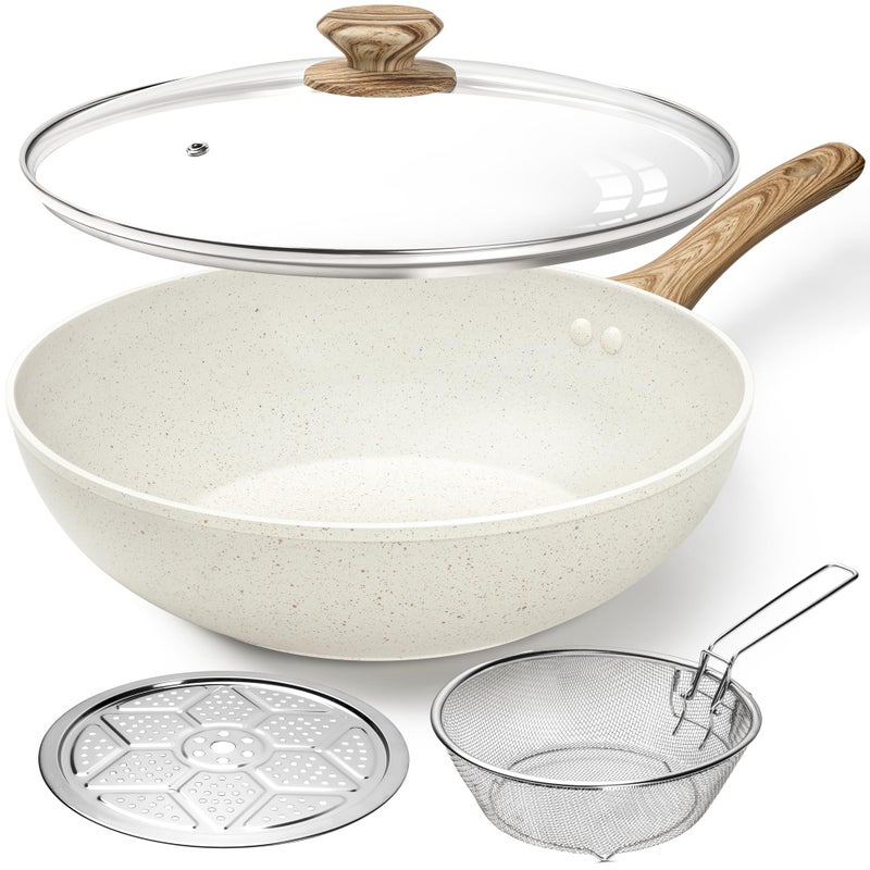 MICHELANGELO 12 Inch Wok Pan with Lid - Woks & Stir-Fry Pans Nonstick Wok with Lid, Stir Fry Pan with Cool-Touch Handle, Induction Wok Set with Stainless Steamer & Fryer Basket - Image 1