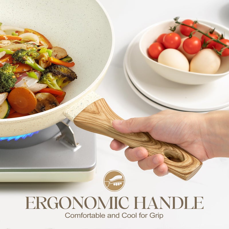MICHELANGELO 12 Inch Wok Pan with Lid - Woks & Stir-Fry Pans Nonstick Wok with Lid, Stir Fry Pan with Cool-Touch Handle, Induction Wok Set with Stainless Steamer & Fryer Basket - Image 4
