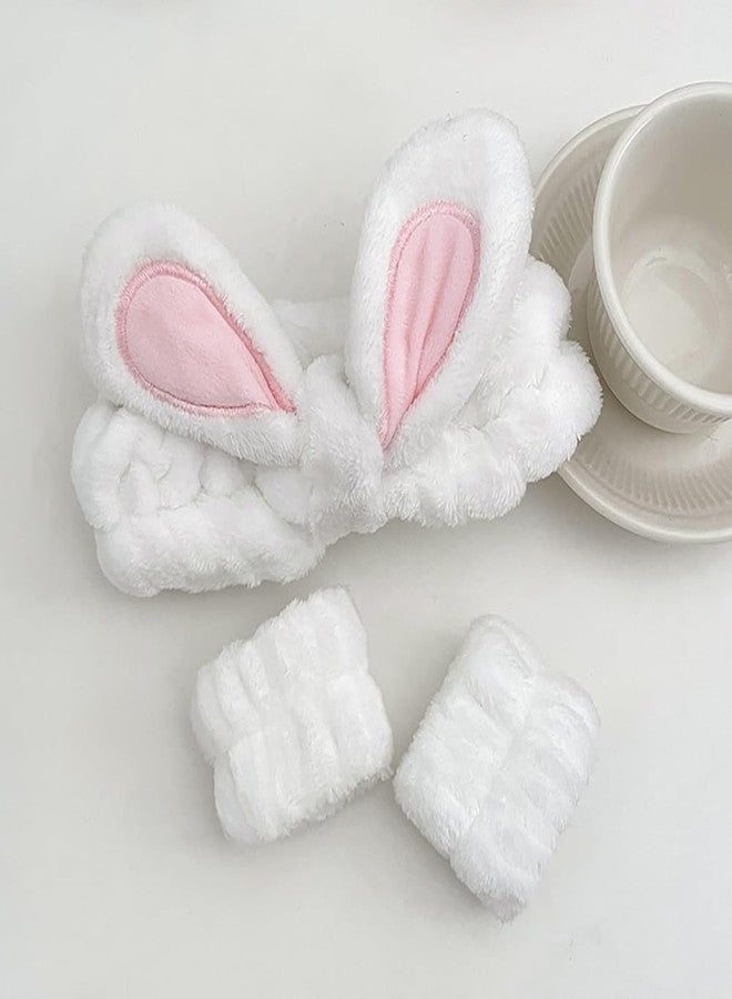 BFLCTTBD 3 Pcs Bunny Ear Makeup Headband with Wristbands Skincare Washing Face Hair Band Soft Head Wraps Spa Shower Hairband for Women Girls - Image 2