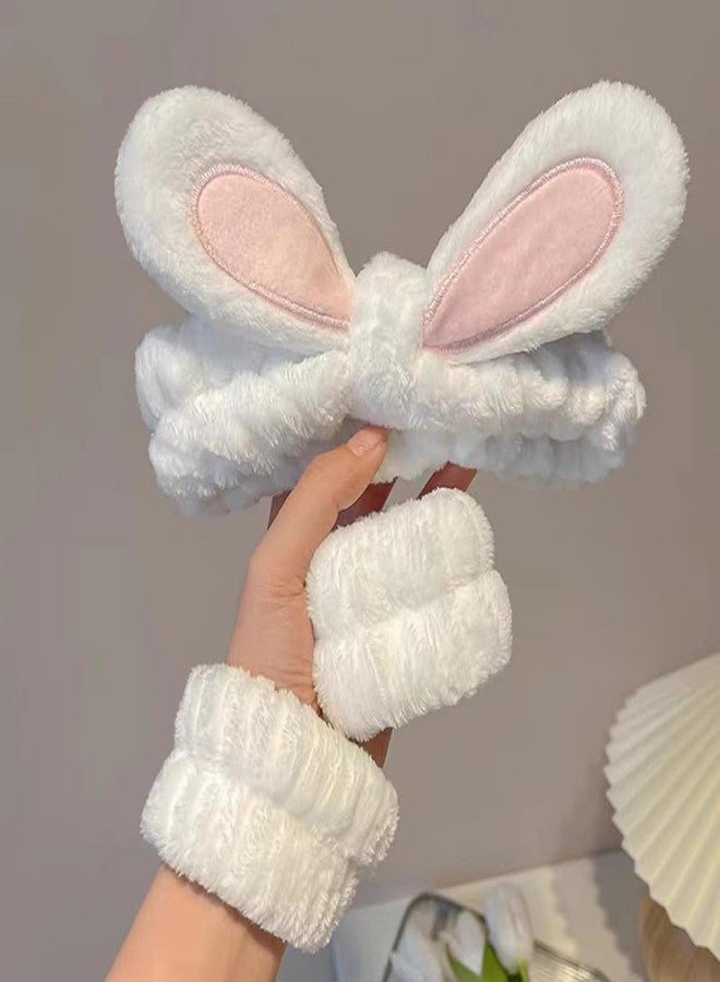 BFLCTTBD 3 Pcs Bunny Ear Makeup Headband with Wristbands Skincare Washing Face Hair Band Soft Head Wraps Spa Shower Hairband for Women Girls - Image 3
