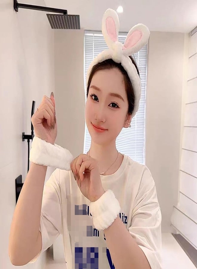 BFLCTTBD 3 Pcs Bunny Ear Makeup Headband with Wristbands Skincare Washing Face Hair Band Soft Head Wraps Spa Shower Hairband for Women Girls - Image 5