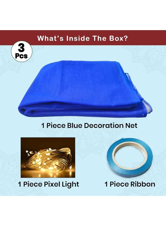 1iAM مجموعة إضاءة شبكية زرقاء من 1iAM، قطعة واحدة 5×15 مترًا، 164×5 أقدام، خلفية شبكية شفافة زرقاء لتزيين الكابانا، قطعة واحدة 34 قدمًا، 38 لمبة بما في ذلك إضاءة الأرز لأعياد الميلاد والذكرى السنوية وحفلات الحناء والزفاف - Image 2