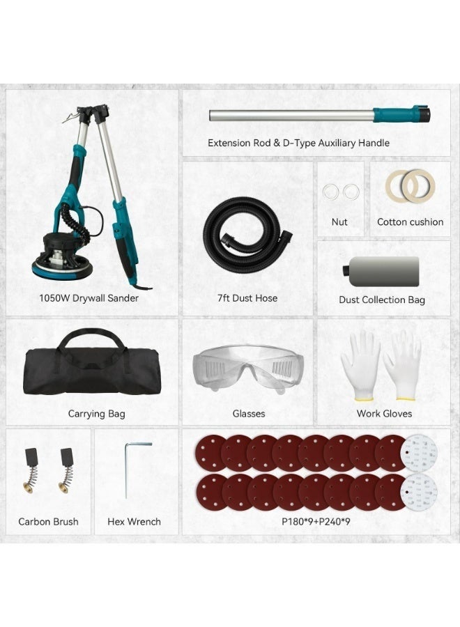 WALALLA Electric Drywall Sander, 1050W Power Drywall Sander with Vacuum Dust Collector, 5 Speed 1800RPM with Sanding Discs and Foldable Extendable Pole, Double-Deck LED Lights, 18pcs Sanding Discs - Image 2