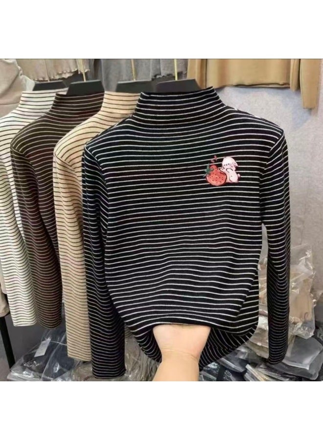 Boys And Girls' Thermal Base Layer Shirts, Spring And Autumn, Big Kids' Half-high Collar Long-sleeve T-shirts, Stylish Striped Warm Tops