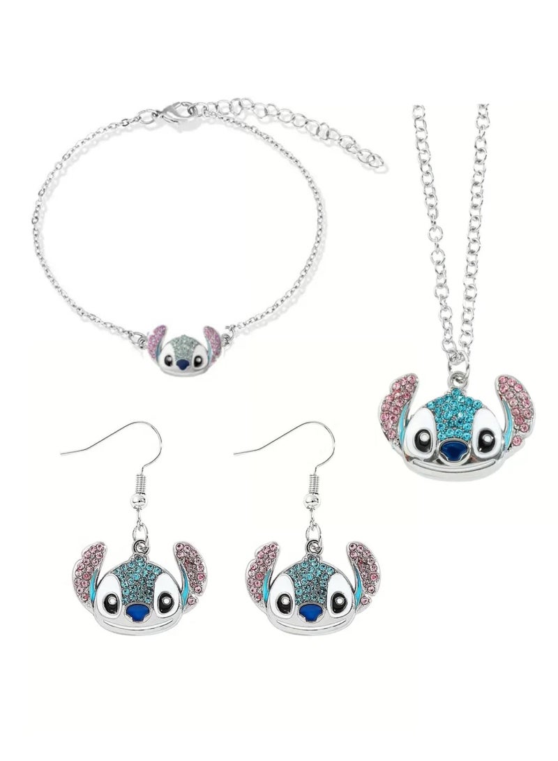 ستيتش مجموعة مجوهرات شخصيات كرتونية من Stitch، 3 في 1، إكسسوارات، سوار وقلادة وأقراط - Image 1