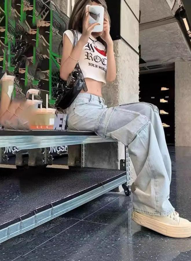 YUNIQEE Blue Straight Fit High-Rise Denim Cargo Jeans - Image 2